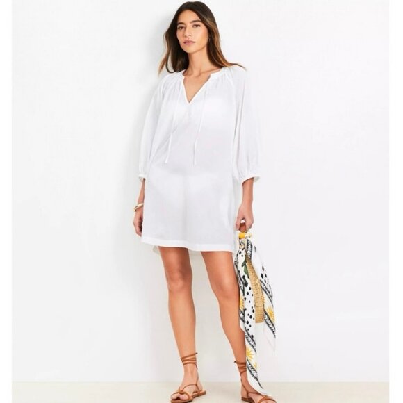 NWOT LOFT Beach White V-Neck Swimsuit Cover-Up Cotton Beach Dress Size Medium - Picture 1 of 7